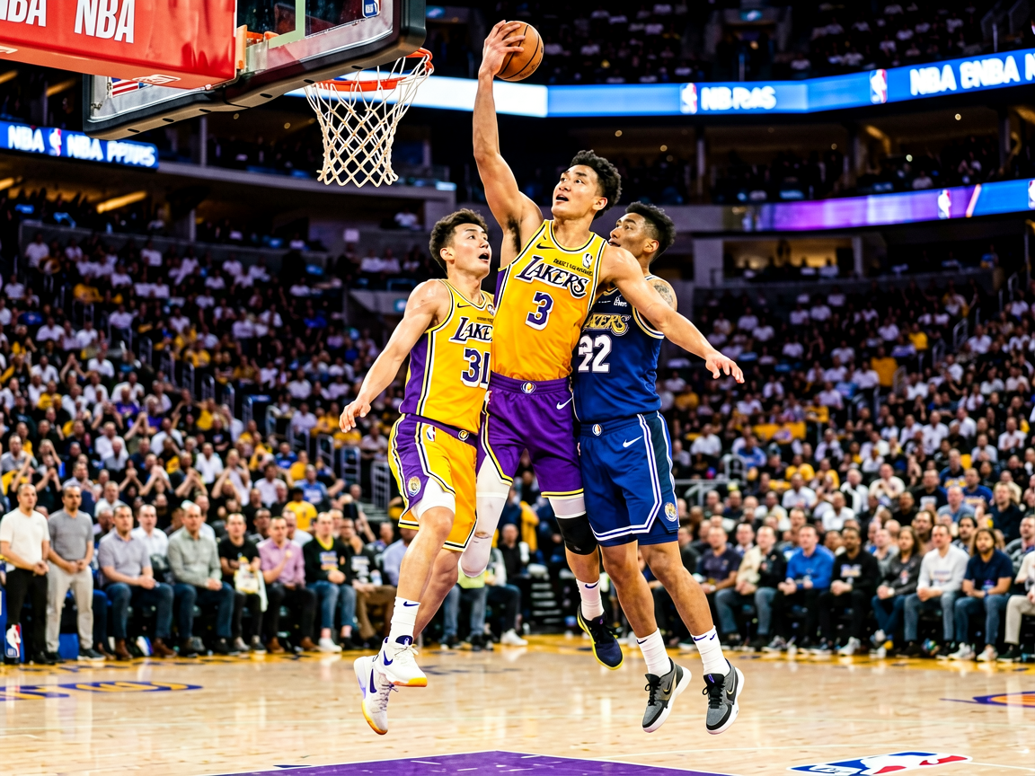 NBA季后赛激烈对抗场景，球员突破上篮